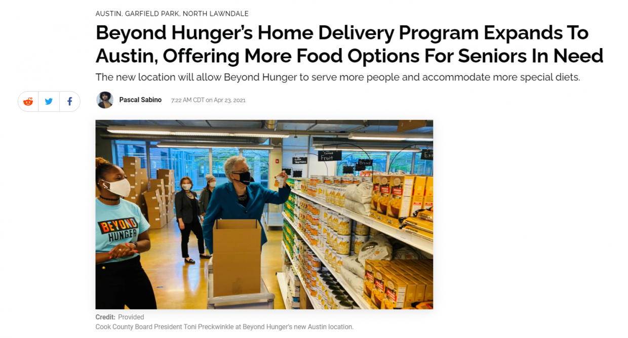 Block Club Chicago, Cook County Board President Toni Preckwinkle picking and packing groceries for a Home Delivery recipient