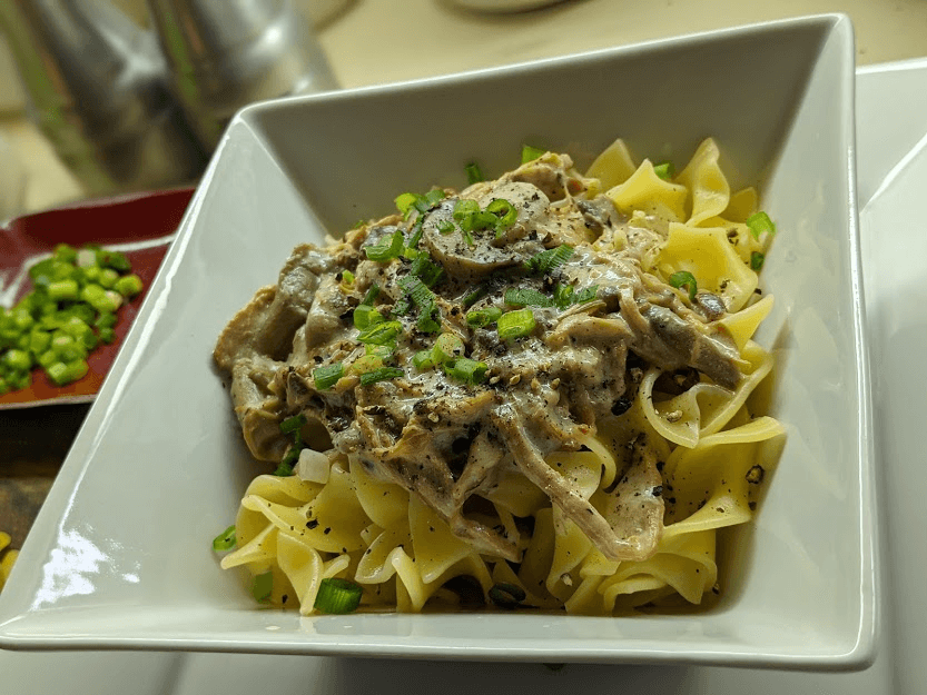 Pork Tenderloin, served with mushroom cream sauce over noodles in a white dish
