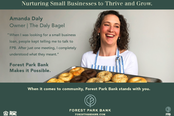 Forest Park Bank Ad with woman holding bagels