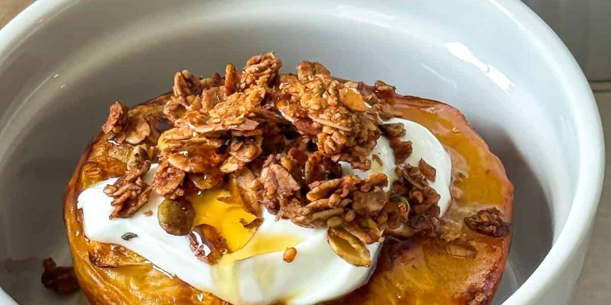 peaches Greek yogurt nuts oats cinnamon maple syrup