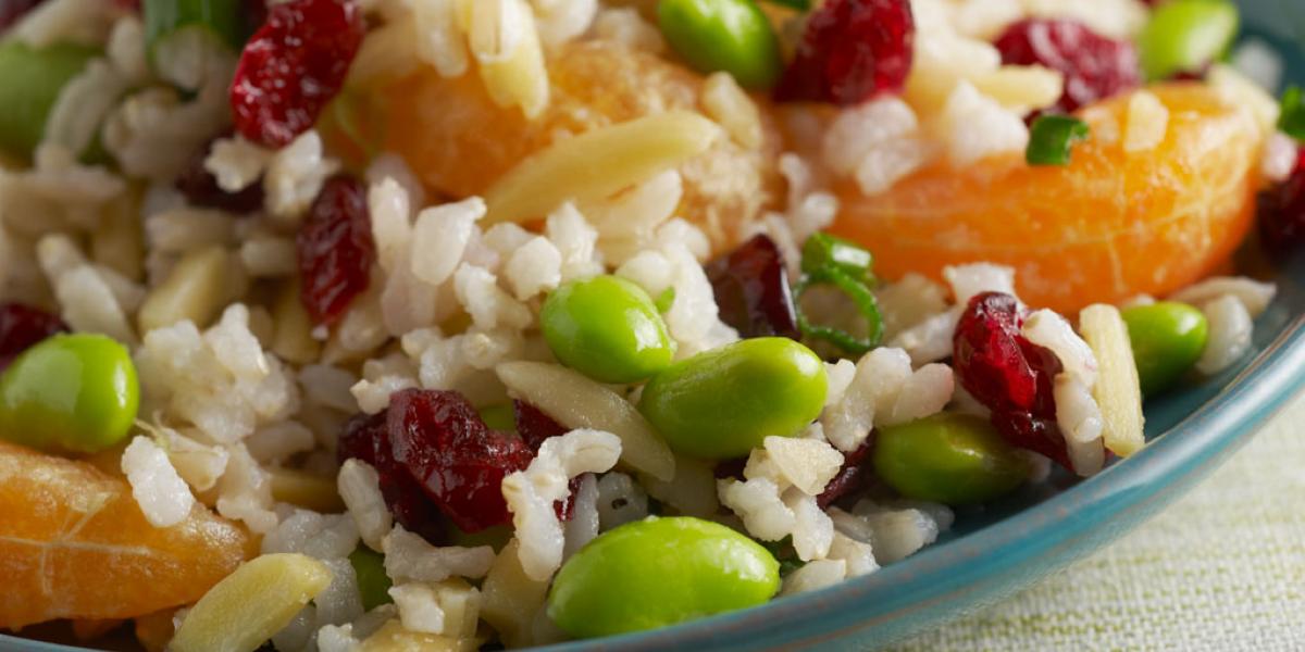 Brown Rice and Orange Salad with edamame beans and dried cranberries