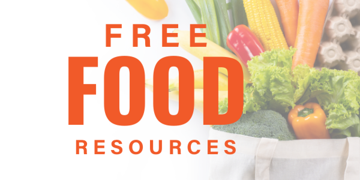 Free Food Resources logo over a bag of fresh fruits and vegetables