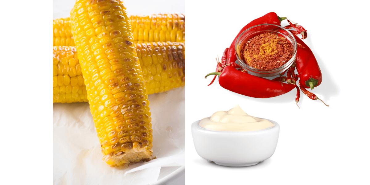 corn on the cob, mayo, cayenne pepper, elote