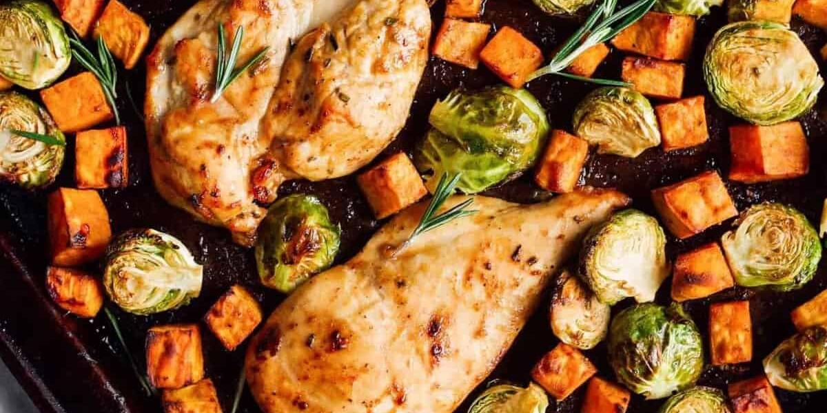 Maple roasted chicken thighs with Sweet potatoes and Brussels sprouts
