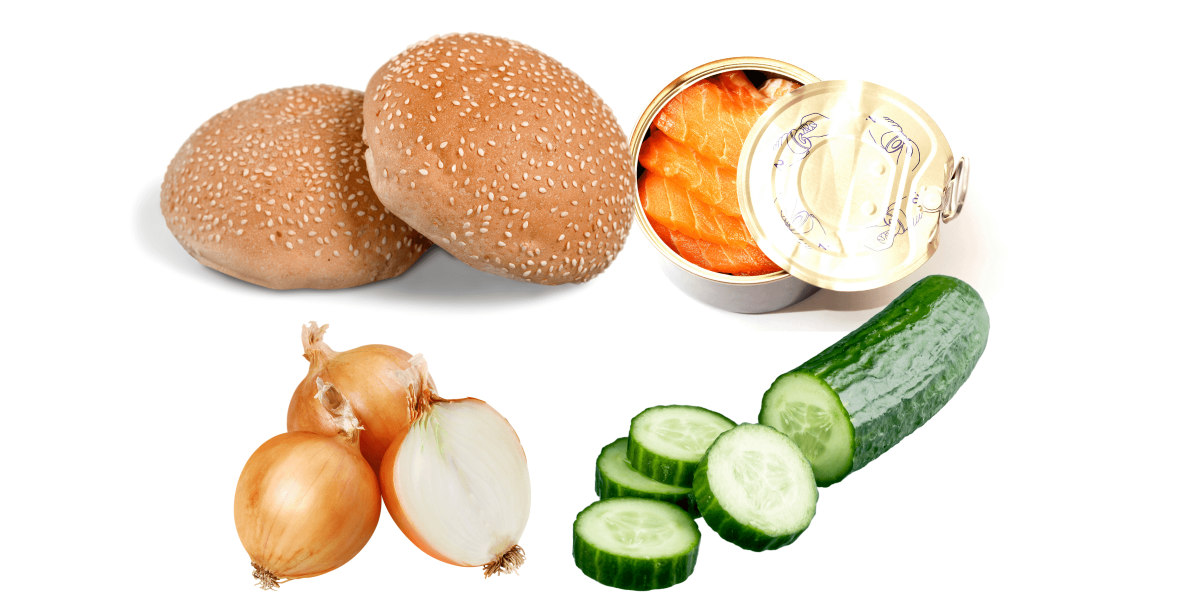 canned salmon, cucumber, onions, bun, burger