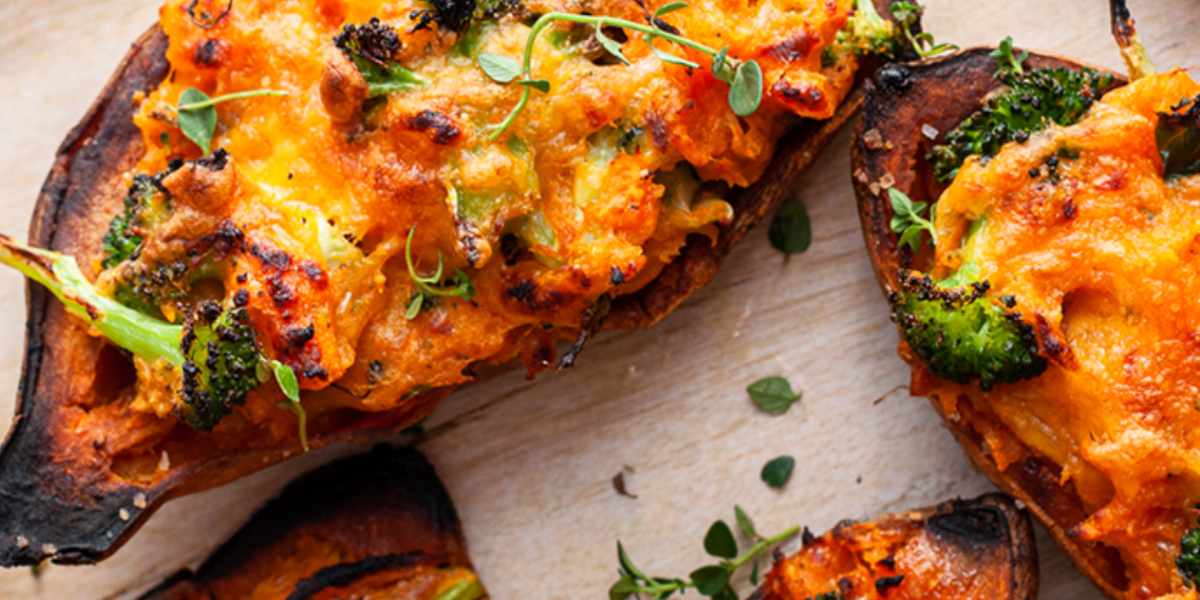 Cheesy Broccoli Twice-Baked Sweet Potatoes