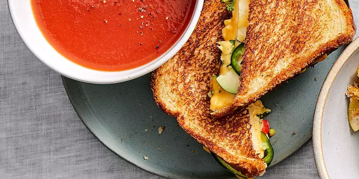 Tomato and red pepper soup and veggie grilled cheese
