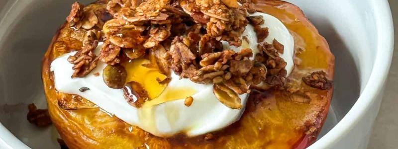 peaches Greek yogurt nuts oats cinnamon maple syrup