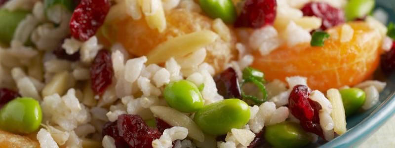 Brown Rice and Orange Salad with edamame beans and dried cranberries
