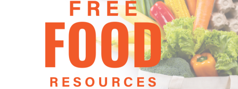 Free Food Resources logo over a bag of fresh fruits and vegetables 
