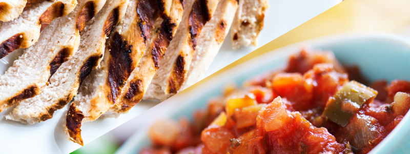 Creamy Salsa Chicken Skillet. Photo of red salsa, and photo of grilled chicken are combined diagonally.