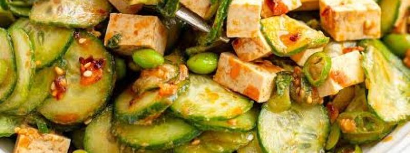 cucumber tofu onion edamame sesame seeds