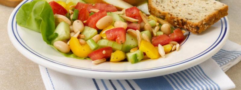 cannellini beans bell pepper almonds tomato cucumber onion