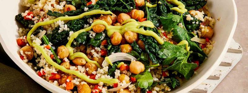 kale bulgur chickpeas shallot avocado
