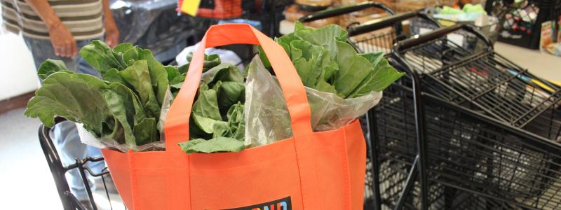 Beyond Hunger grocery bag filled with greens inside a shopping cart