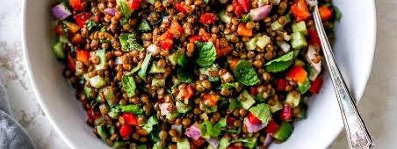 lentils fresh herbs cucumber bell pepper tomato
