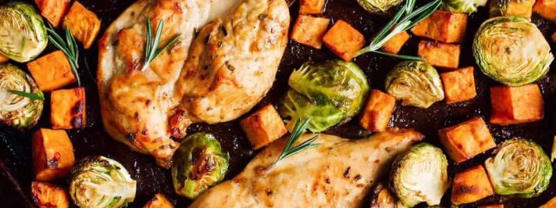 Maple roasted chicken thighs with Sweet potatoes and Brussels sprouts