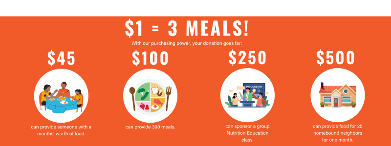An orange banner with white text that reads "$1 = 3 Meals! With our purchasing power, your donation goes far."