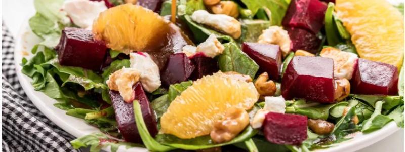 Beet Salad with Mixed Greens, Oranges and Caramelized Walnuts