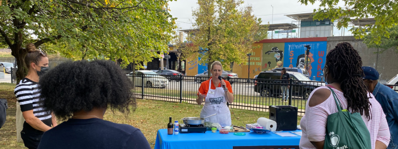 Maria running a cooking demo