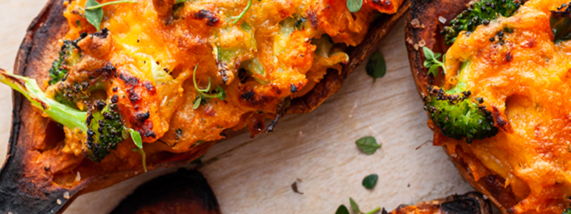 Cheesy Broccoli Twice-Baked Sweet Potatoes