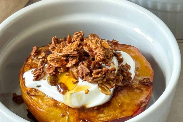 peaches Greek yogurt nuts oats cinnamon maple syrup