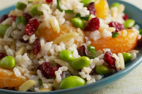 Brown Rice and Orange Salad with edamame beans and dried cranberries