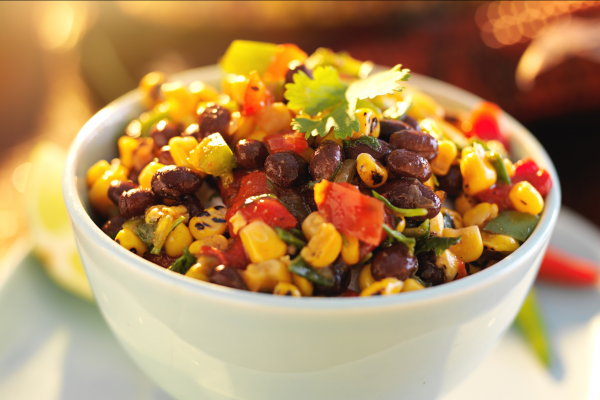 Charred Corn and Black Bean Salad Recipe Photo. A colorful bowl of food, in a white bowl.