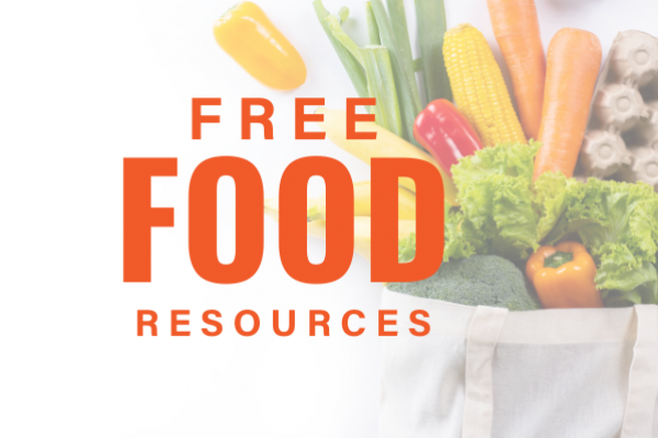 Free Food Resources logo over a bag of fresh fruits and vegetables 