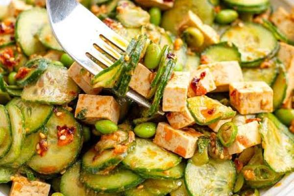 cucumber tofu onion edamame sesame seeds