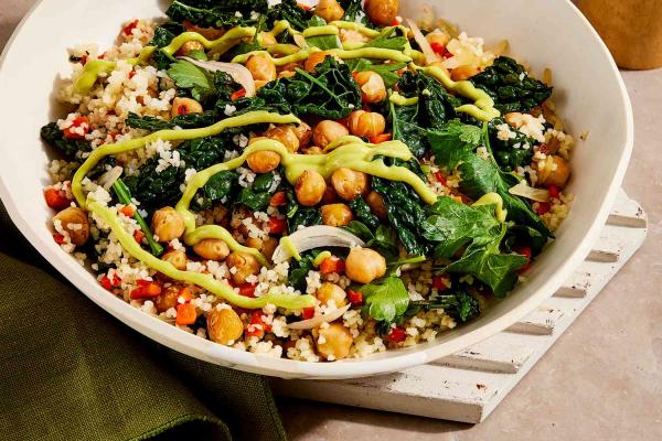 kale bulgur chickpeas shallot avocado