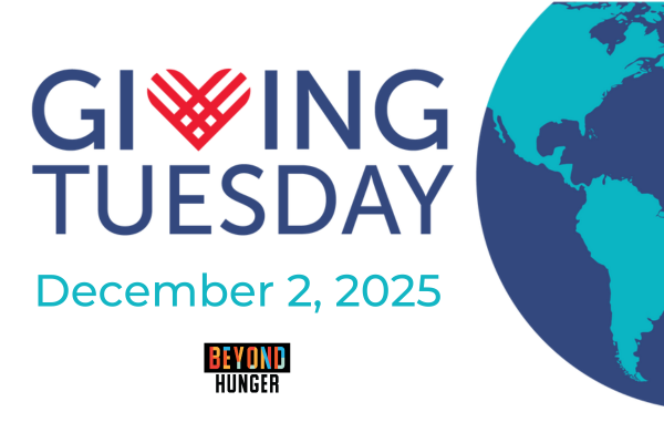 picture of heart on the v of giving tuesday with a globe, date of dec. 2nd and Beyond Hunger logo