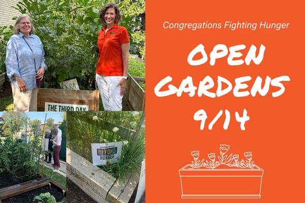 Photo of 2 people and others looking at gardens with open gardens text to right for 9.14 event