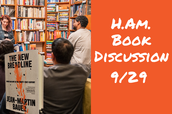 People in front of bookshelves with text to right that says H.A.M. Book Discussion