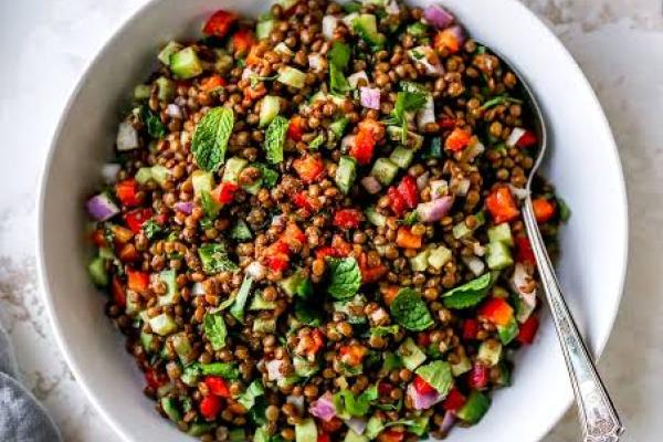 lentils fresh herbs cucumber bell pepper tomato