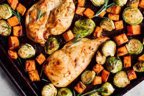 Maple roasted chicken thighs with Sweet potatoes and Brussels sprouts