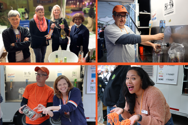 Oaktoberfest volunteer photo collage of smiling faces giving folks beer, wine, & beads