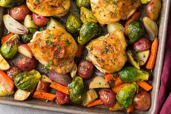 chicken thighs Brussels sprouts sweet potato apple carrots