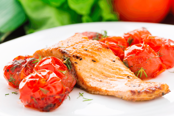 Garlicky BAked Tomatoes and Salmon