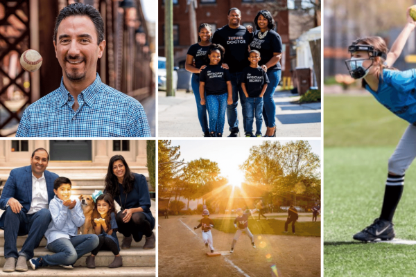 Photo montage of photosforfood: a photo of Corey Kessler, graduation family, baseball player, family on porch and baseball game in action