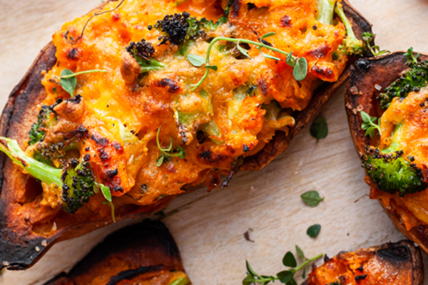 Cheesy Broccoli Twice-Baked Sweet Potatoes