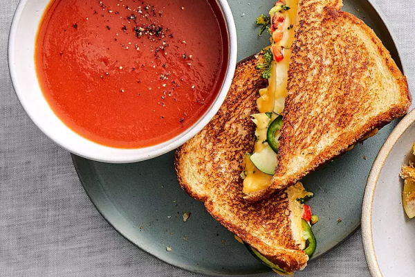 Tomato and red pepper soup and veggie grilled cheese